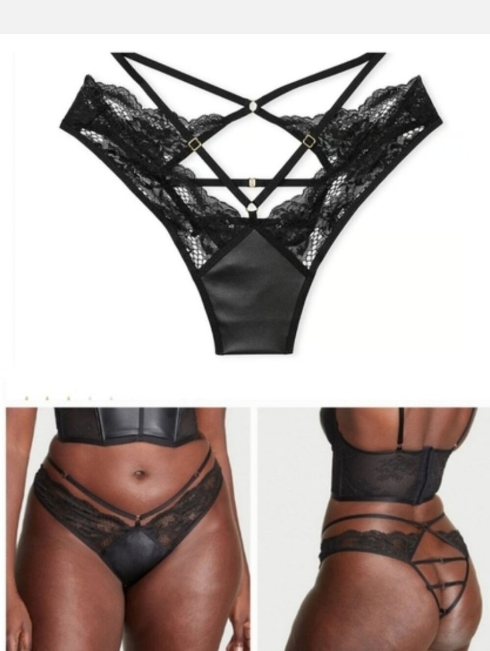 Victorias secret very sexy floral fishnet faux leather Brazilian panty XL BLACK